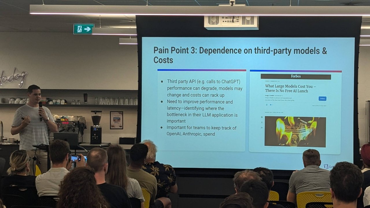 Datadog slide "Pain Point 3: Dependence on third-party models & Costs" with a Forbes article on what large models cost