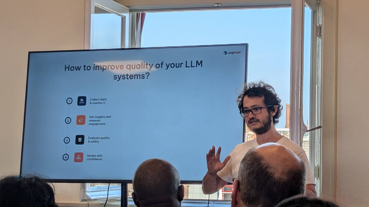 LangWatch slide "How to improve quality of your LLM systems?" listing collect data, get insights, evaluate quality and safety, and iterate with confidence