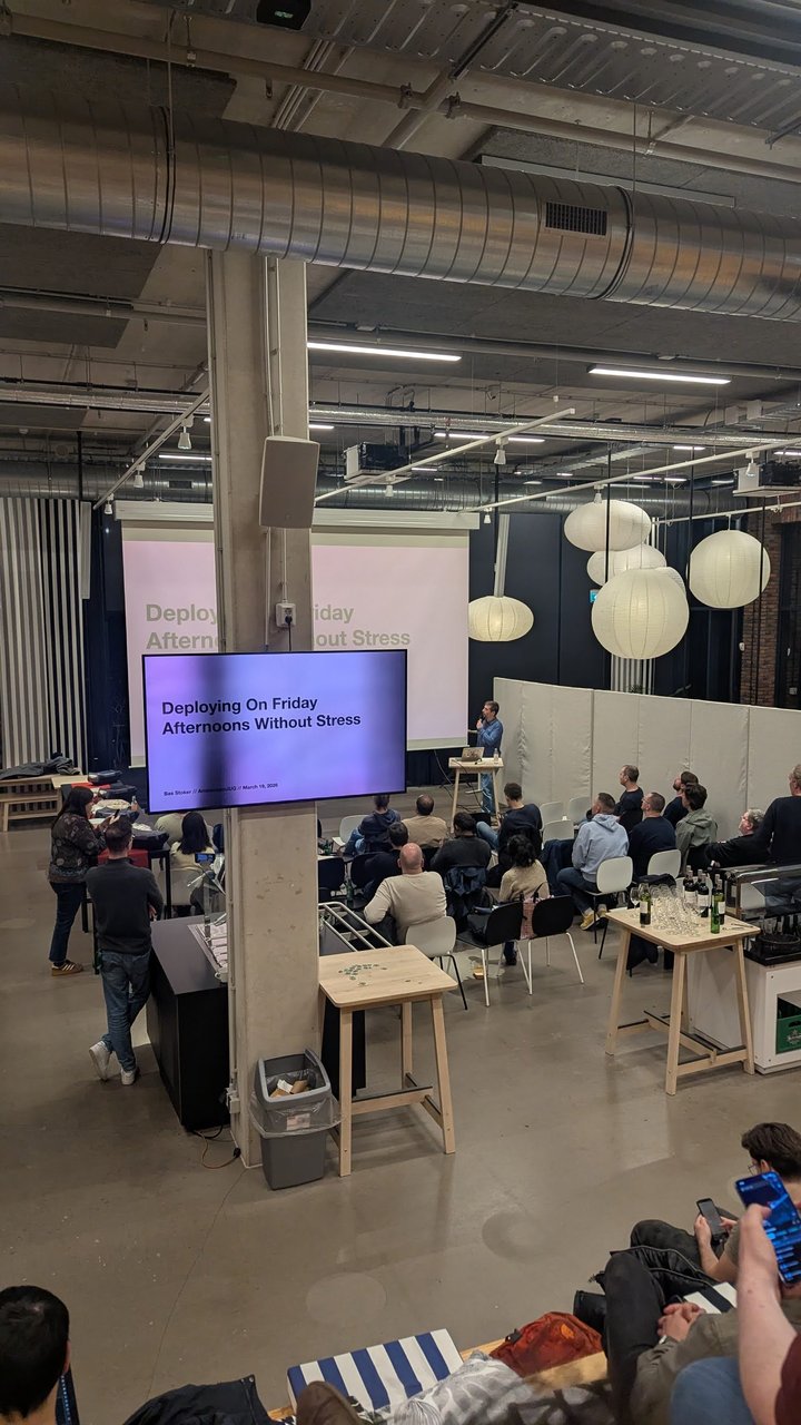 Title slide of Deploying On Friday Afternoons Without Stress by Bas Stoker at the Amsterdam Java User Group, March 19, 2026