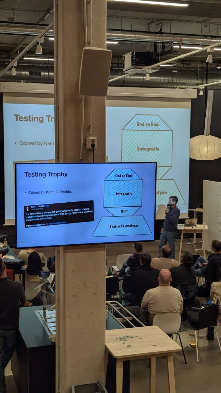 Testing Trophy slide coined by Kent C. Dodds, with static analysis, unit, integration and end-to-end layers, at the Amsterdam Java User Group