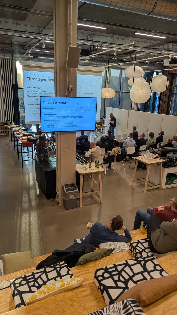 Thread per Request slide at the Amsterdam Java User Group listing simple and intuitive, threads are expensive, and possible workarounds and pitfalls