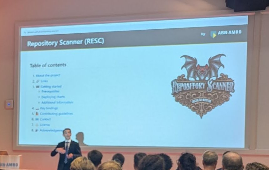 Slide showing the GitHub README of Repository Scanner (RESC) by ABN AMRO, with its table of contents and the Repository Scanner logo