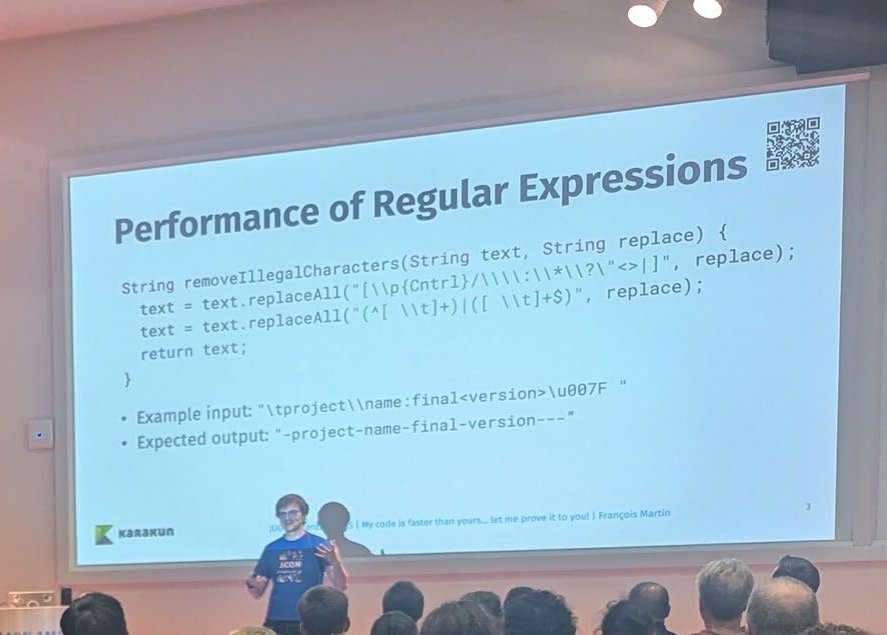 Slide Performance of Regular Expressions, showing a Java method removeIllegalCharacters with two replaceAll calls, an example input and the expected output, with François Martin below