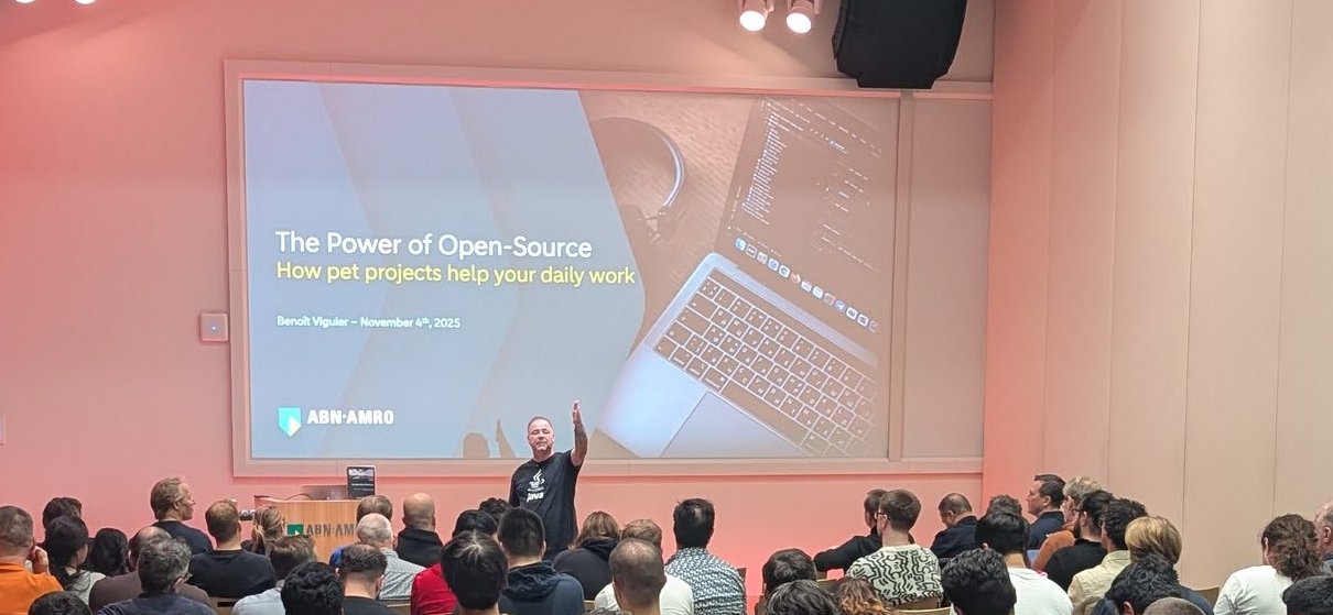 ABN AMRO title slide The Power of Open-Source, How pet projects help your daily work, Benoit Viguier, November 4th 2025, in a full meeting room