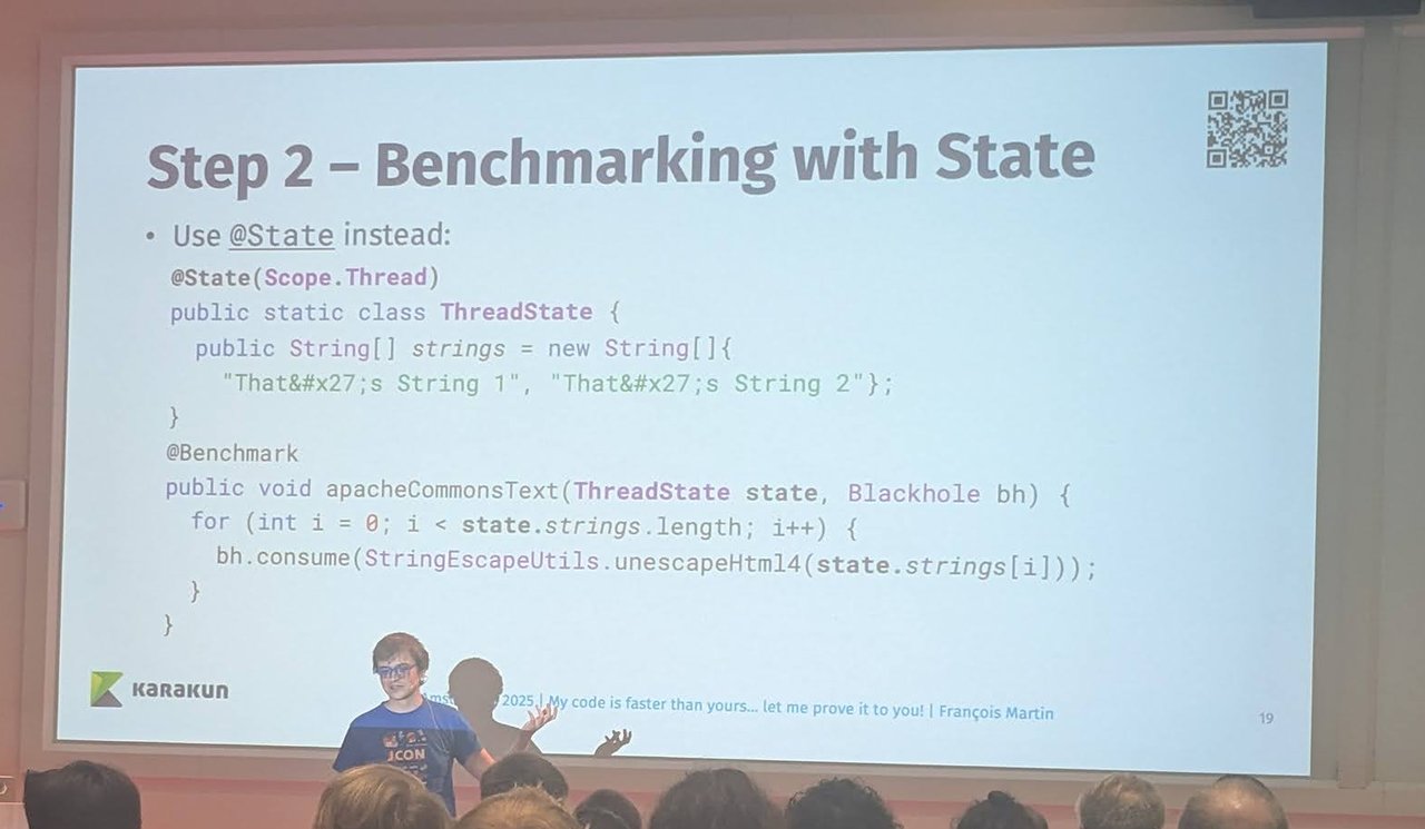 Slide Step 2 – Benchmarking with State: a ThreadState class annotated @State(Scope.Thread) holding HTML-encoded strings, and a @Benchmark method that consumes StringEscapeUtils.unescapeHtml4 results into a Blackhole