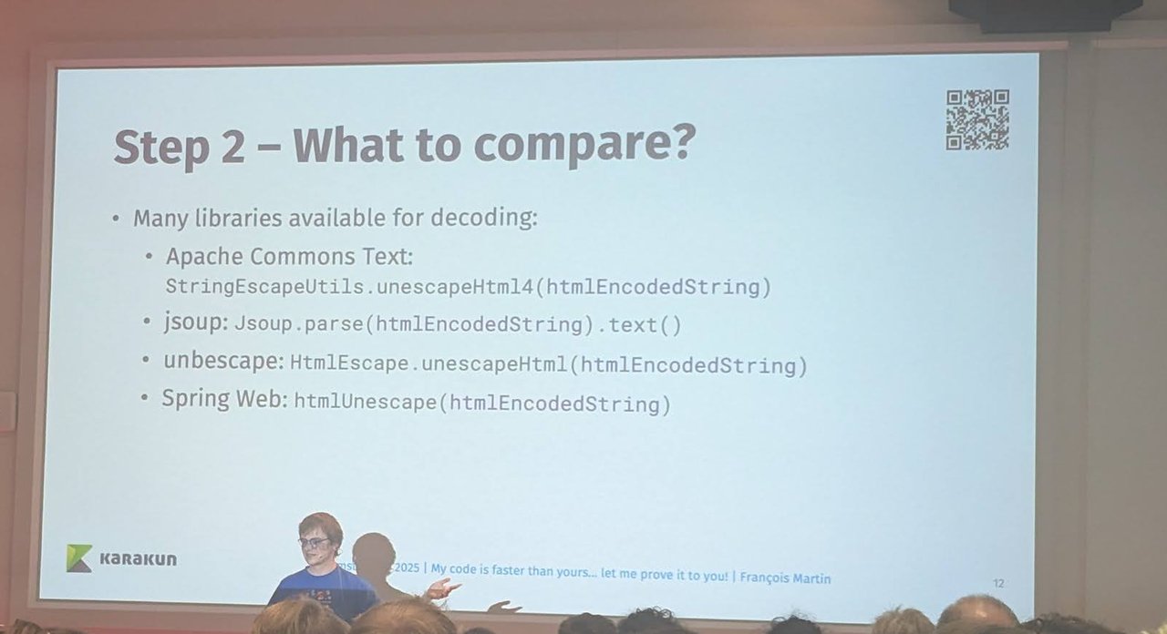 Slide Step 2 – What to compare? listing Apache Commons Text, jsoup, unbescape and Spring Web methods for decoding HTML-encoded strings