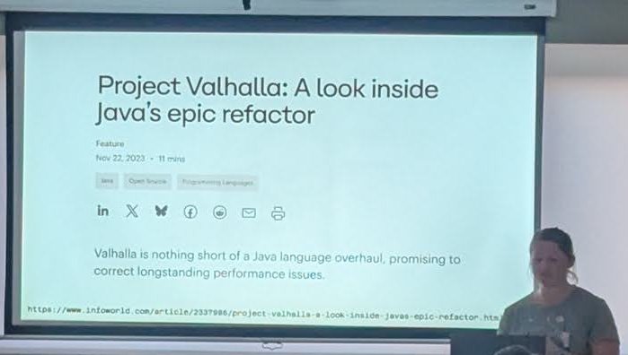 A slide showing the InfoWorld article Project Valhalla: A look inside Java's epic refactor, with the speaker beside it