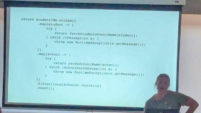 A slide with a Java stream pipeline where each map step wraps a checked exception in a RuntimeException