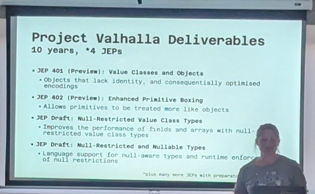A slide titled Project Valhalla Deliverables listing JEP 401, JEP 402 and two draft JEPs on null-restricted types