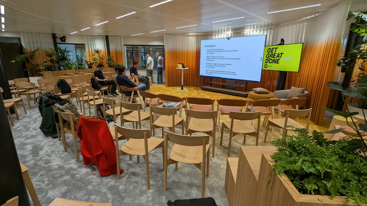 The meeting space before the talks, with the Coming Soon slide listing Java events on 24 July, 11 August, 27 August and the AI4Devs event on 19 September