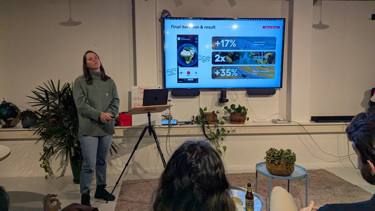 A Polarsteps speaker beside the Final iteration and result slide showing +17%, 2x and +35%
