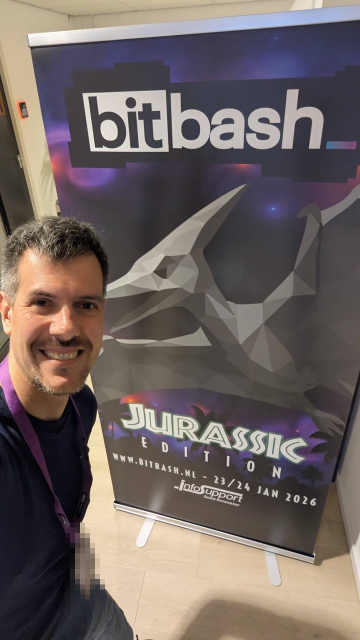 Luca Berton next to the BitBash Jurassic Edition banner reading www.bitbash.nl 23/24 Jan 2026