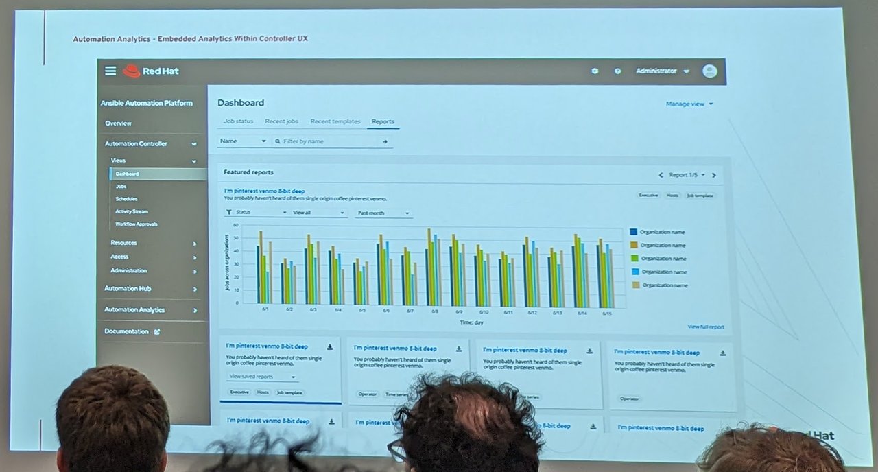 Automation Analytics embedded in the controller UI: a dashboard mock-up with job status, recent jobs and reports tabs and a bar chart of jobs across organisations