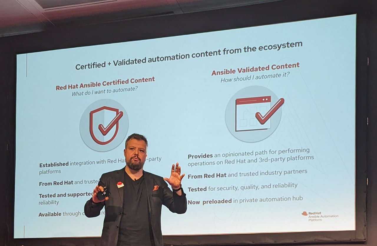 Slide comparing Red Hat Ansible Certified Content and Ansible Validated Content, with Validated Content now preloaded in private automation hub