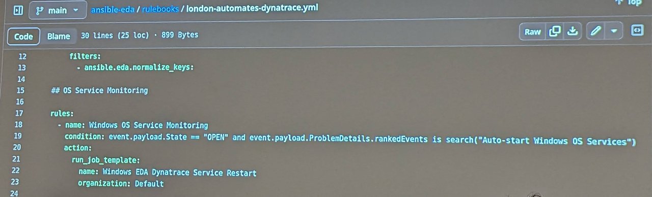 GitHub view of the london-automates-dynatrace.yml rulebook with the Windows OS Service Monitoring rule, its condition on the Dynatrace problem state and a run_job_template action