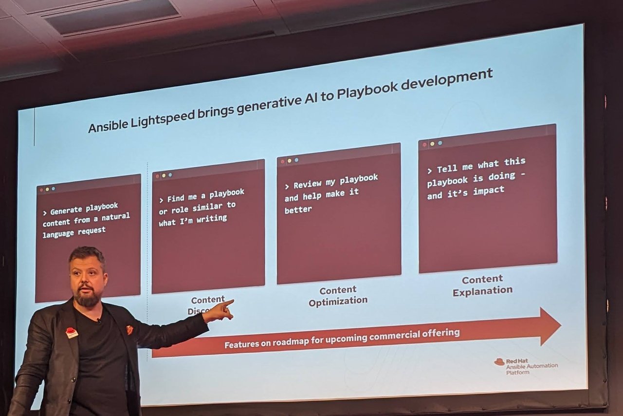 Slide titled Ansible Lightspeed brings generative AI to Playbook development with four prompt boxes and an arrow labelled Features on roadmap for upcoming commercial offering