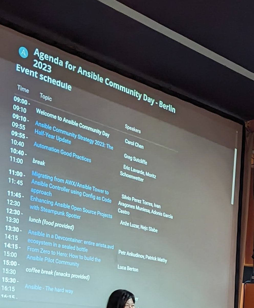 The Ansible Community Day Berlin 2023 agenda slide on the c-base screen, listing each session with its time slot and speakers