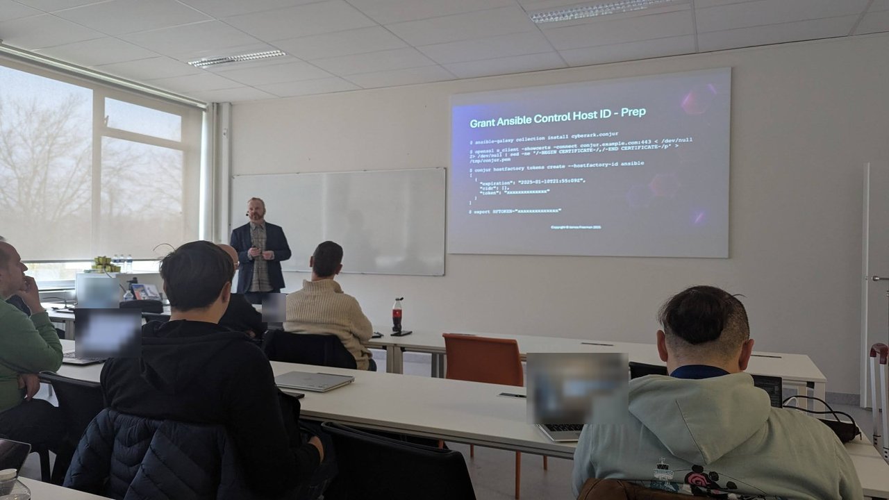 A CfgMgmtCamp 2025 slide titled Grant Ansible Control Host ID - Prep with ansible-galaxy collection install cyberark.conjur, an openssl s_client command to fetch the Conjur certificate and conjur hostfactory tokens create