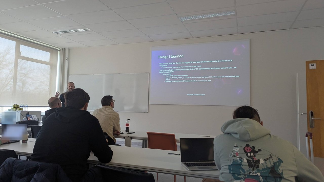 A CfgMgmtCamp 2025 Things I learned slide: the Conjur CLI can't stay logged in as a user on the control node because the lookup uses the host identity, and the lookup plugin failed to verify Let's Encrypt certificates, with three workarounds