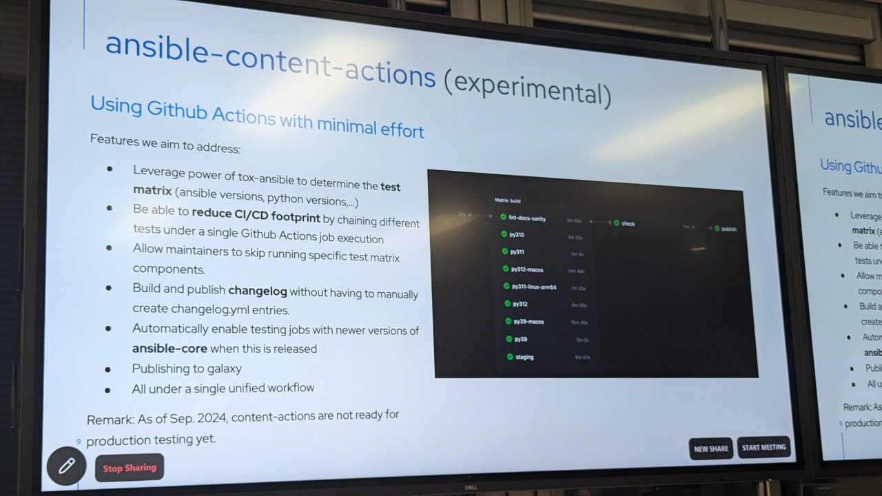 Slide 'ansible-content-actions (experimental)' listing its goals and a GitHub Actions matrix build