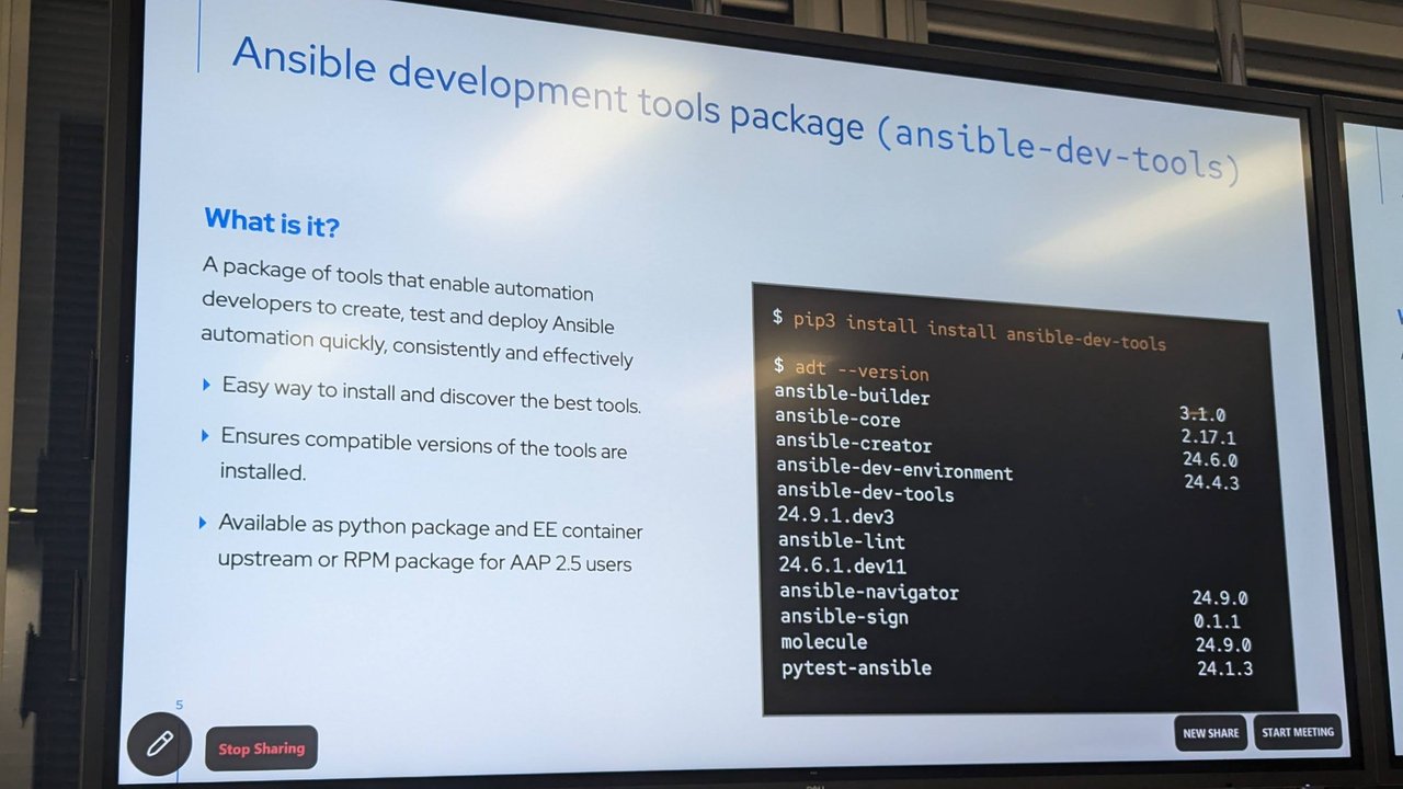 Slide 'Ansible development tools package (ansible-dev-tools)' with the adt --version output listing the bundled tools