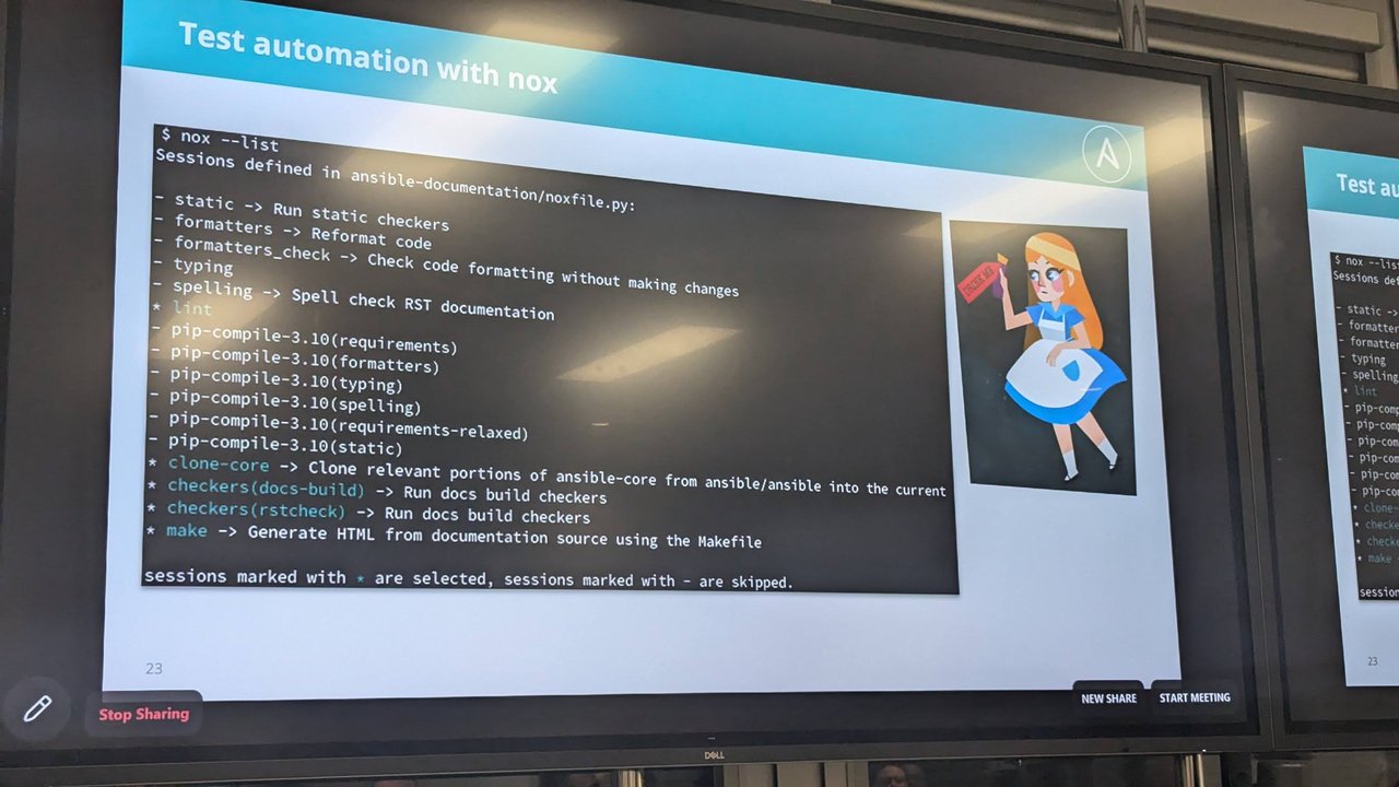 Slide 'Test automation with nox' showing the nox --list output for the ansible-documentation repository