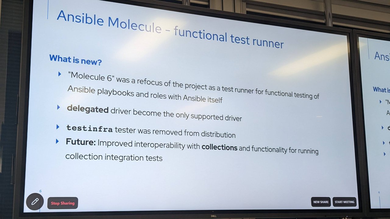 Slide 'Ansible Molecule - functional test runner' listing what is new in Molecule 6