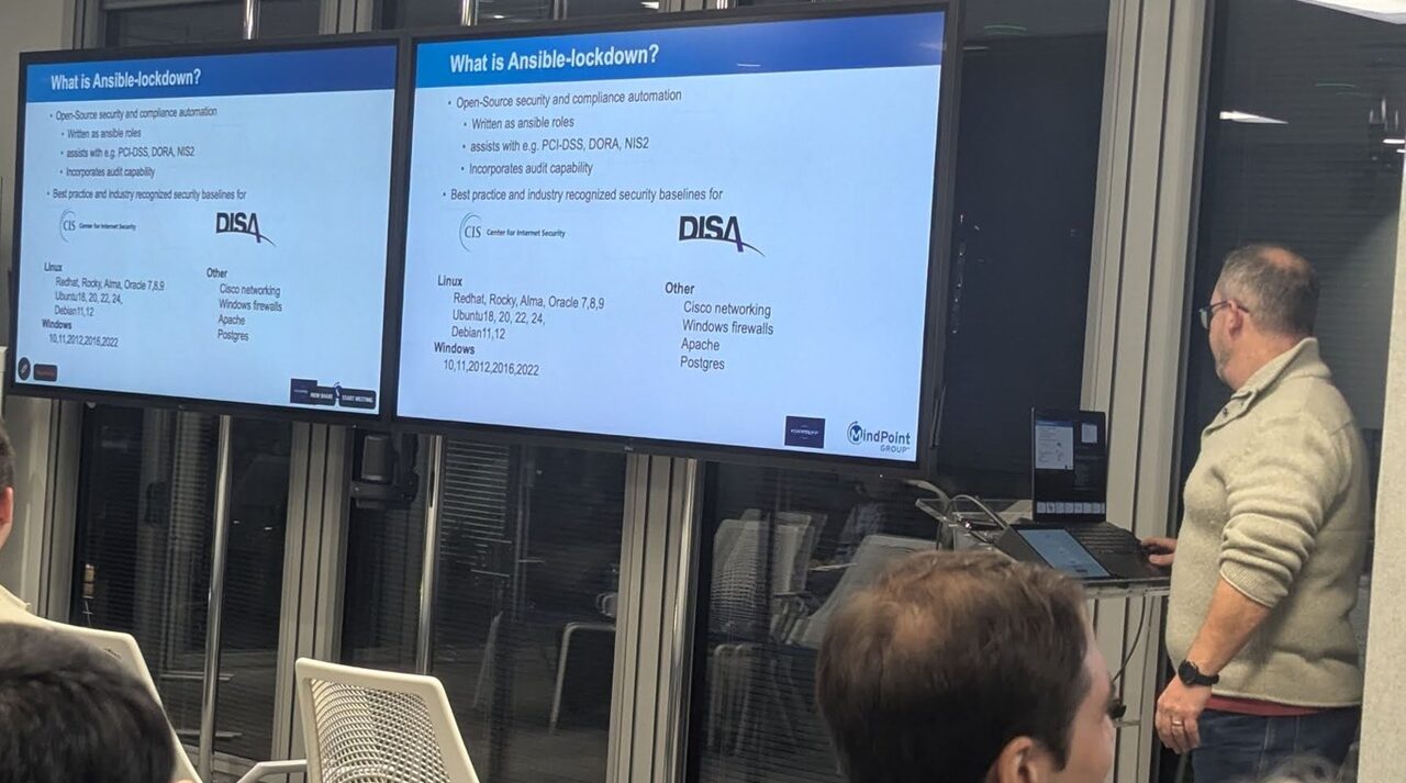 The 'What is Ansible-lockdown?' slide listing CIS and DISA baselines and supported Linux and Windows versions
