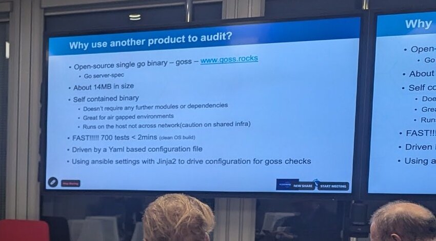The slide 'Why use another product to audit?' listing goss benefits: single Go binary, about 14MB, self-contained, 700 tests in under 2 minutes