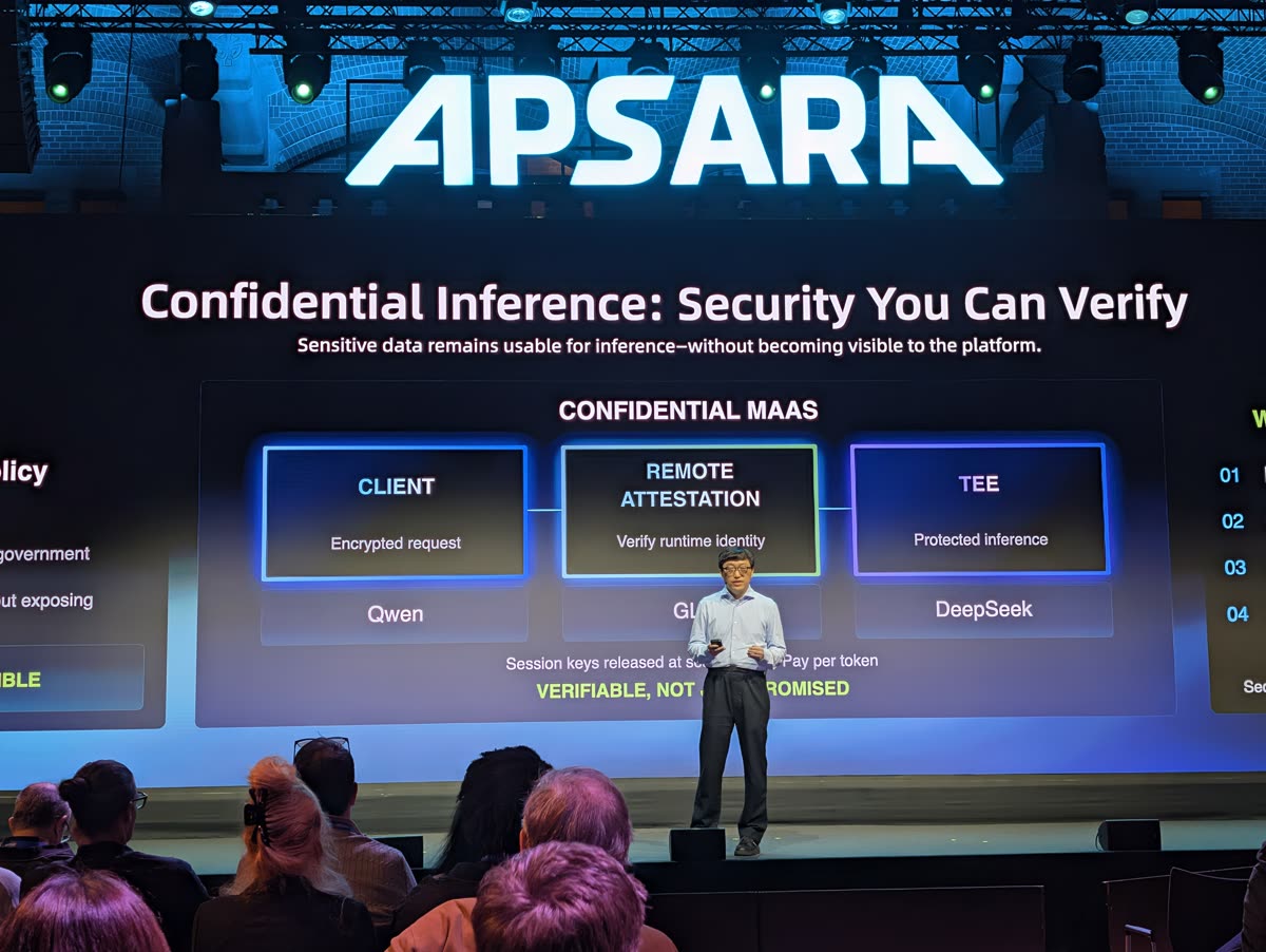 A speaker in front of a slide titled Confidential Inference: Security You Can Verify, showing client, remote attestation and TEE boxes above the model names Qwen and DeepSeek