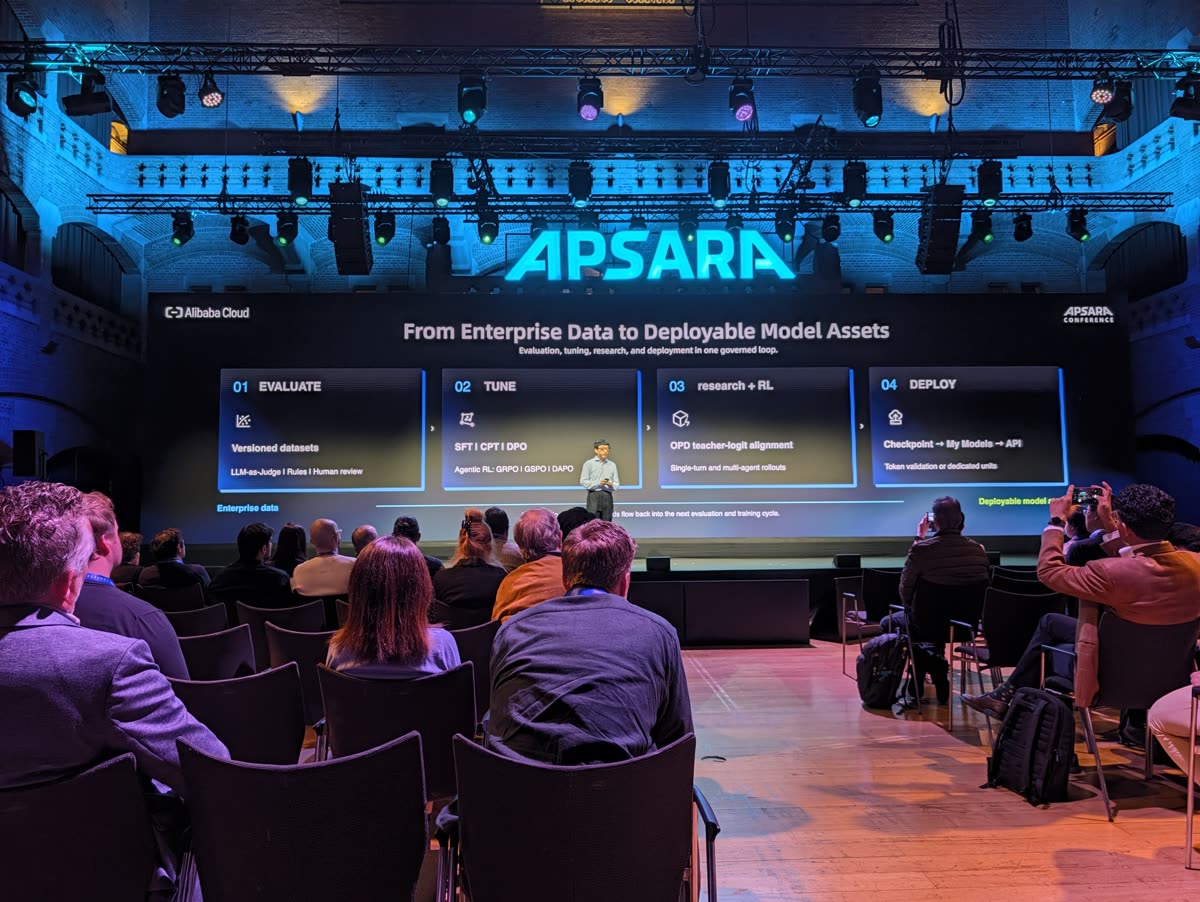 A slide titled From Enterprise Data to Deployable Model Assets, with four numbered steps: evaluate, tune, research and RL, deploy