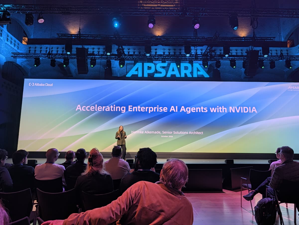 Harmke Alkemade on stage under the Apsara sign, in front of a title slide reading Accelerating Enterprise AI Agents with NVIDIA