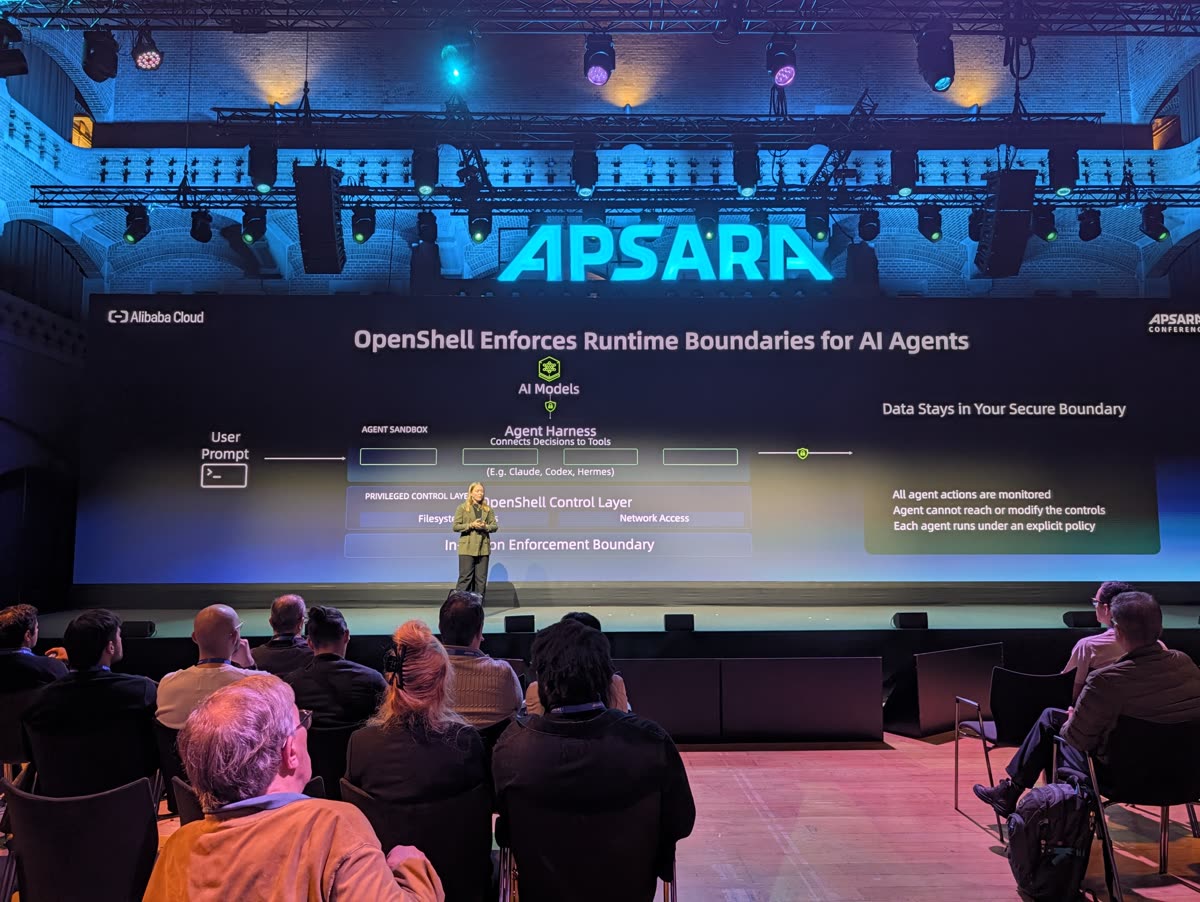 A slide titled OpenShell Enforces Runtime Boundaries for AI Agents, with the agent harness on top of a control layer that guards filesystem and network access