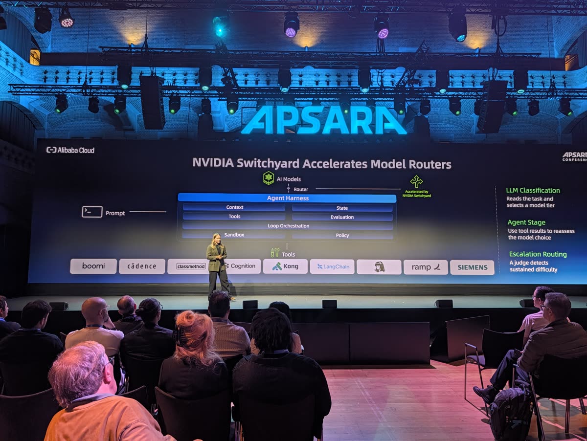 A slide titled NVIDIA Switchyard Accelerates Model Routers, showing LLM classification, agent stage and escalation routing, with customer logos below