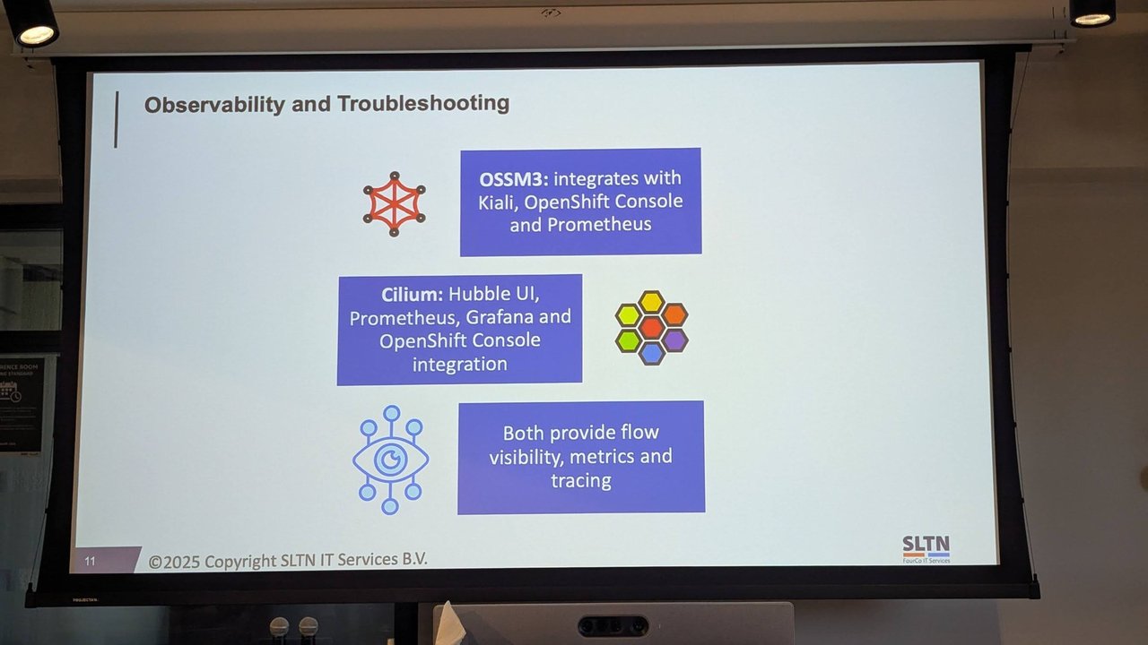 Observability and Troubleshooting slide: OSSM 3 with Kiali, OpenShift Console and Prometheus; Cilium with Hubble UI, Prometheus, Grafana and OpenShift Console