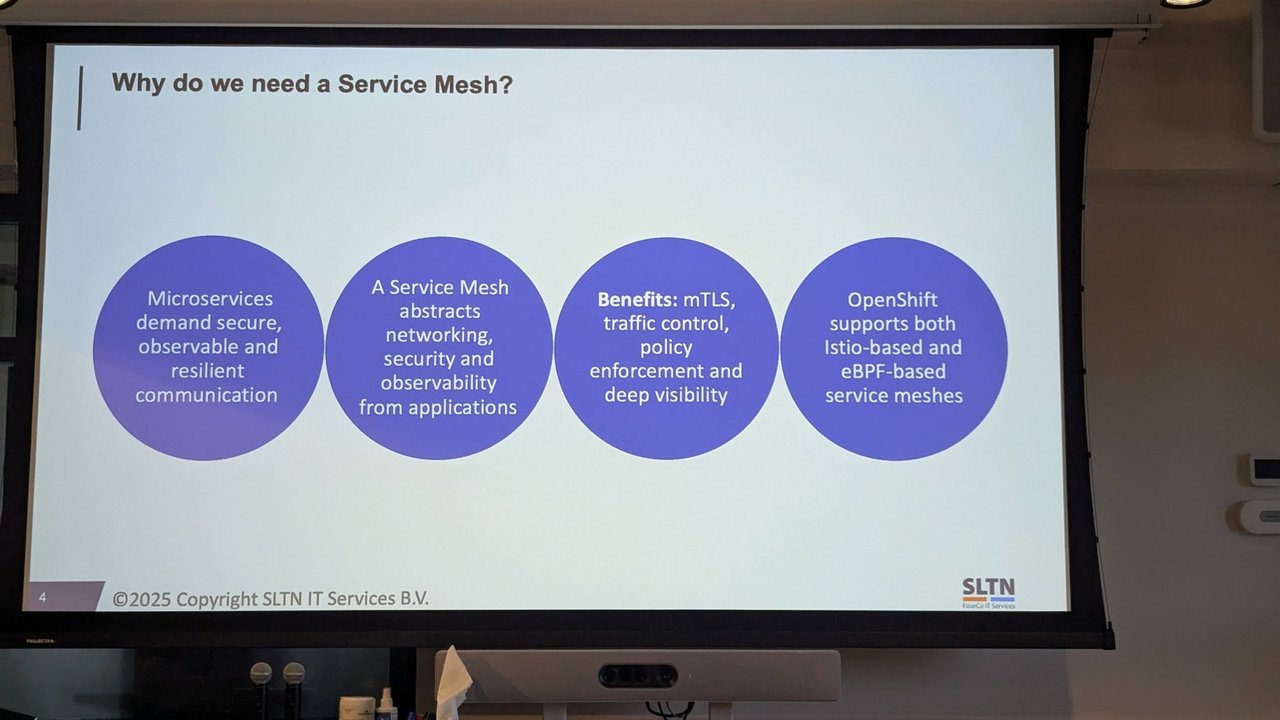 Why do we need a Service Mesh slide from SLTN with four circles: microservices need secure communication, a mesh abstracts networking, benefits of mTLS and traffic control, OpenShift supports sidecar and eBPF-based meshes