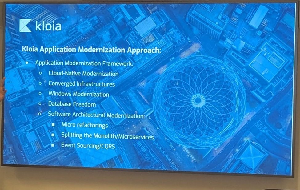 kloia Application Modernization Approach slide: cloud-native modernization, converged infrastructures, Windows modernization, database freedom, and software architectural modernization with micro refactorings, splitting the monolith and event sourcing/CQRS