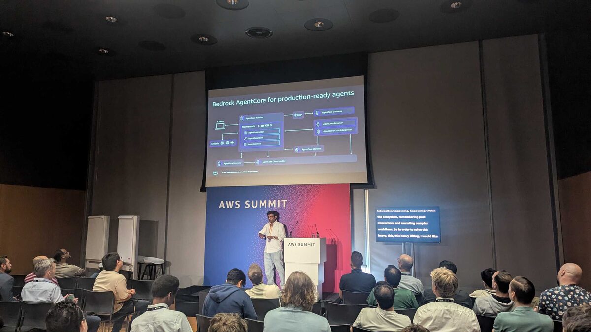 Bedrock AgentCore architecture slide at AWS Summit Amsterdam 2026