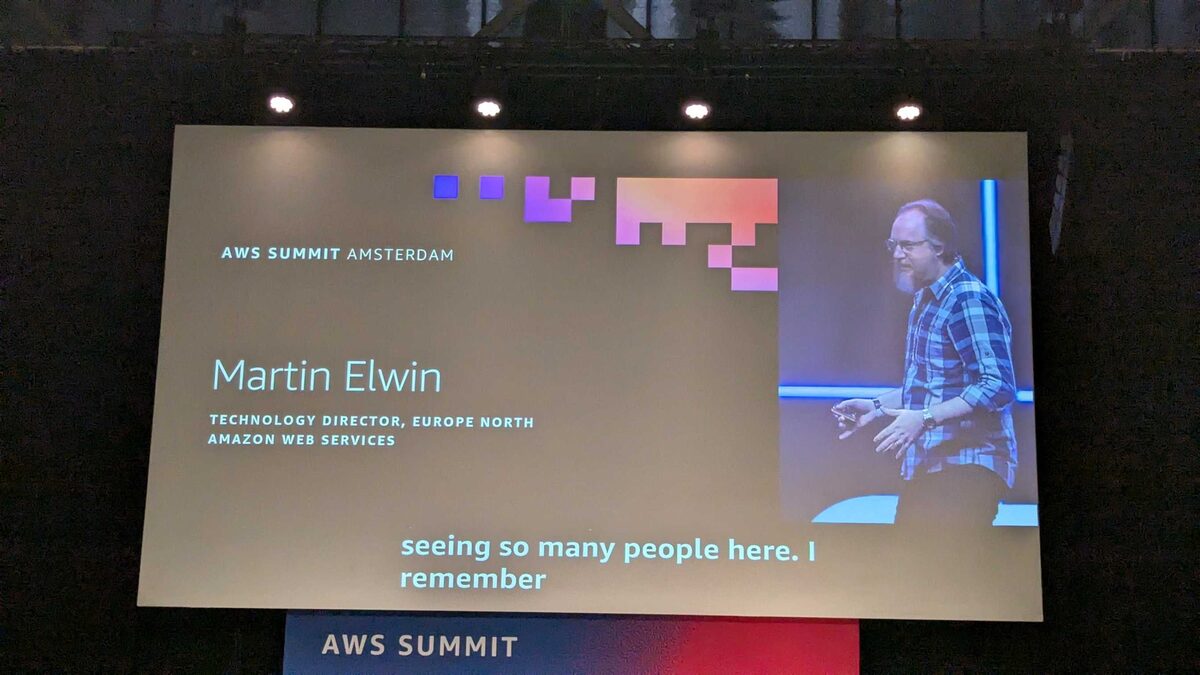 Martin Elwin, Technology Director Europe North at AWS, presenting the keynote at AWS Summit Amsterdam 2026