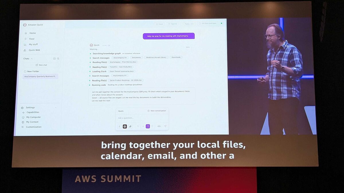 Amazon Quick live demo — meeting prep pulling from knowledge graph, files, Slack, and spreadsheets