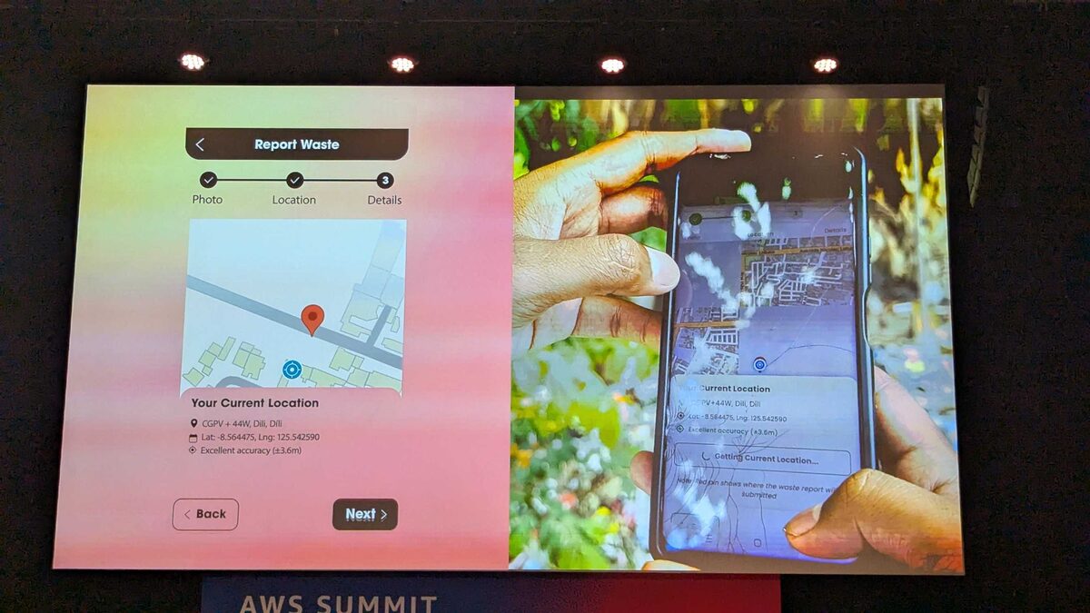 Ecolafaek mobile app — Report Waste workflow with GPS location