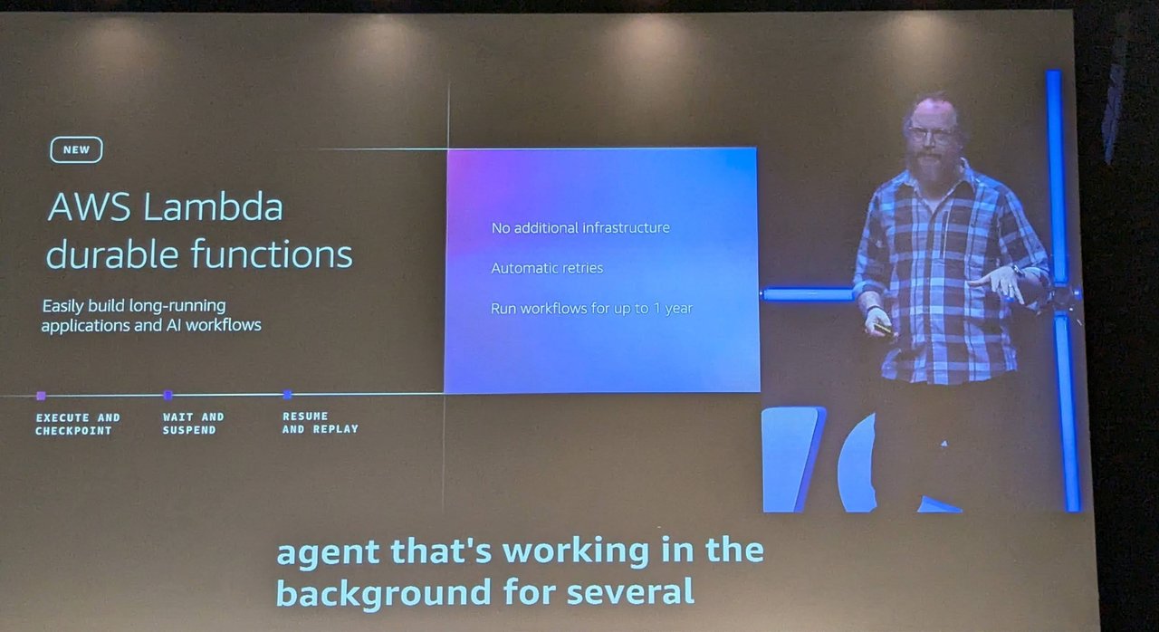 Keynote slide "AWS Lambda durable functions" with execute and checkpoint, wait and suspend, resume and replay