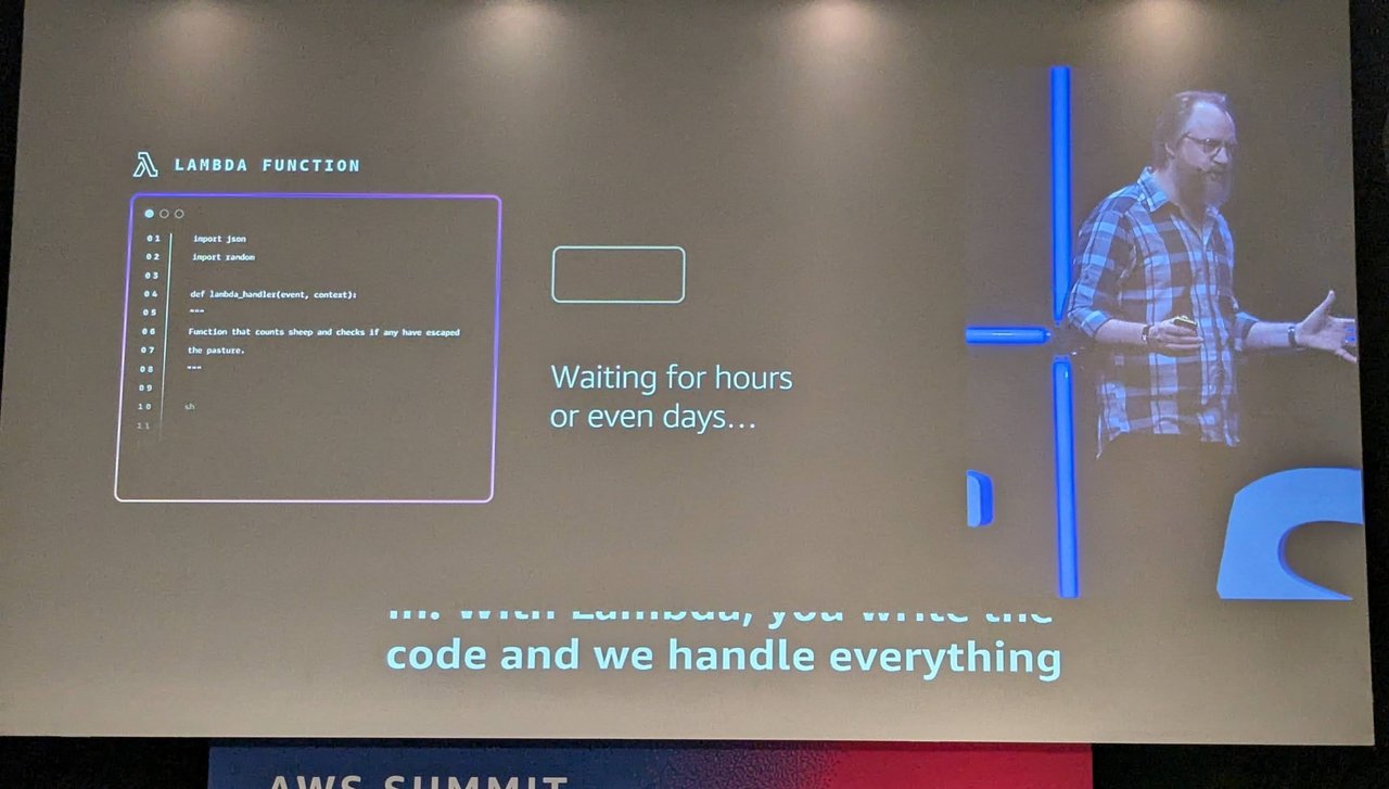 Keynote slide showing a Lambda function "waiting for hours or even days"