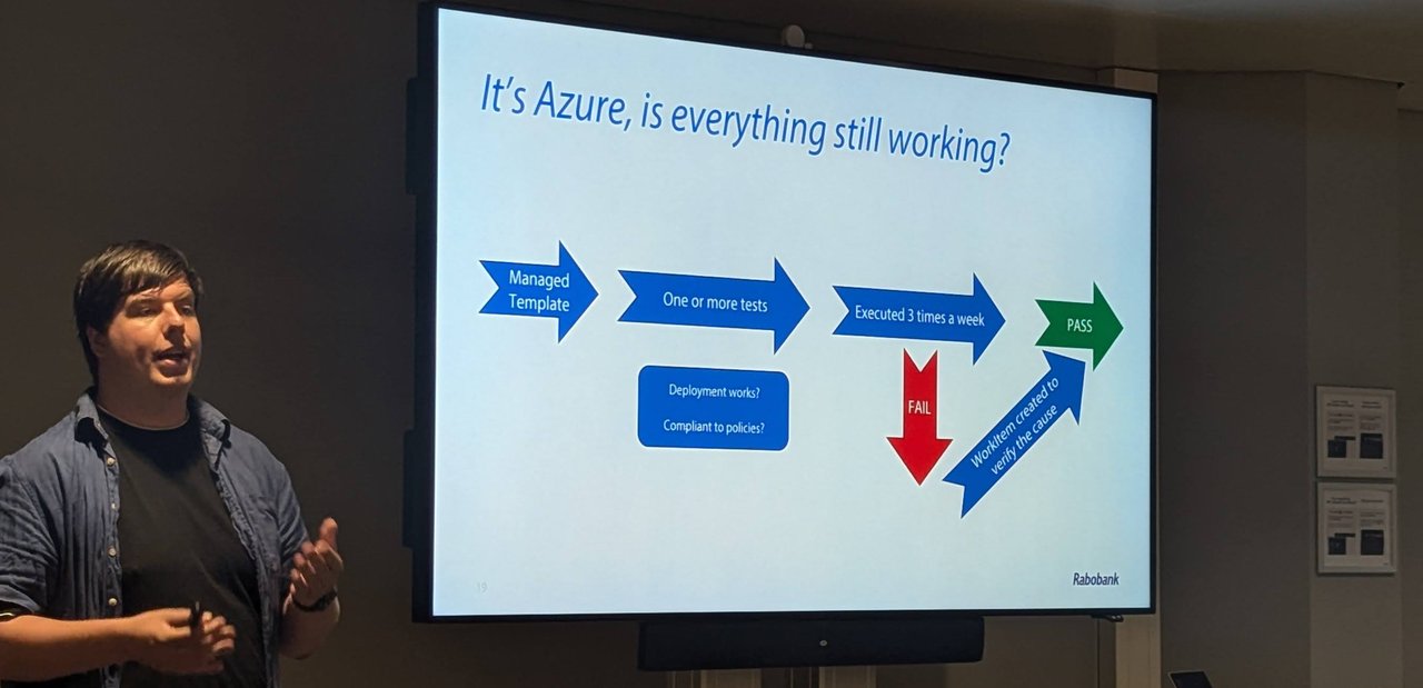 A slide titled It's Azure, is everything still working? showing managed templates, tests run three times a week, and a work item created on failure