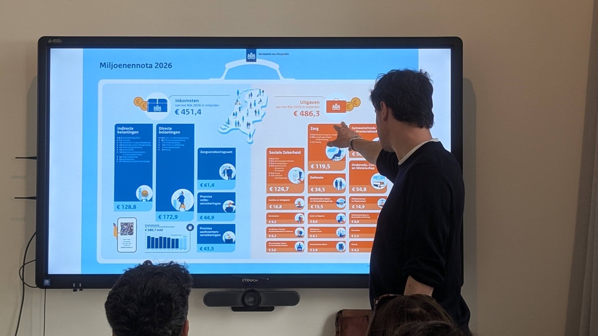 Mark Bastiaans presenting the Dutch government's Miljoenennota 2026 national budget infographic at the BASE small business tax workshop