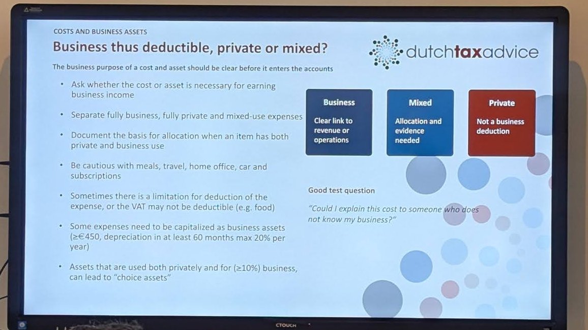 Slide "Business thus deductible, private or mixed?" with three boxes for business, mixed and private expenses