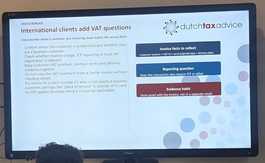 Slide "International clients add VAT questions" listing the invoice facts to collect and the evidence habit