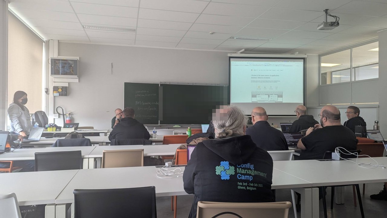 A hands-on open-source AI workshop in a classroom at CfgMgmtCamp 2025 in Ghent, with the Chroma website on the projector screen