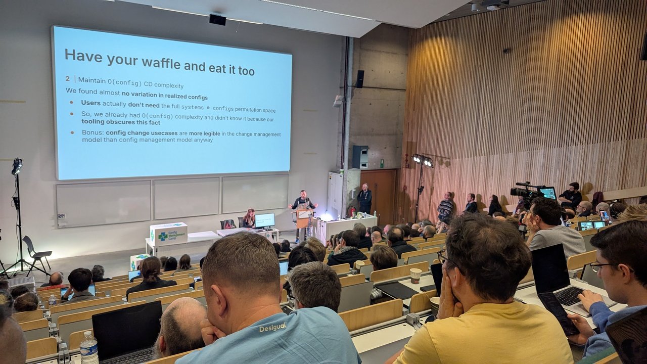 Cloudflare Platform Configuration team slide at CfgMgmtCamp 2025 titled Have your waffle and eat it too, about maintaining O of config delivery complexity