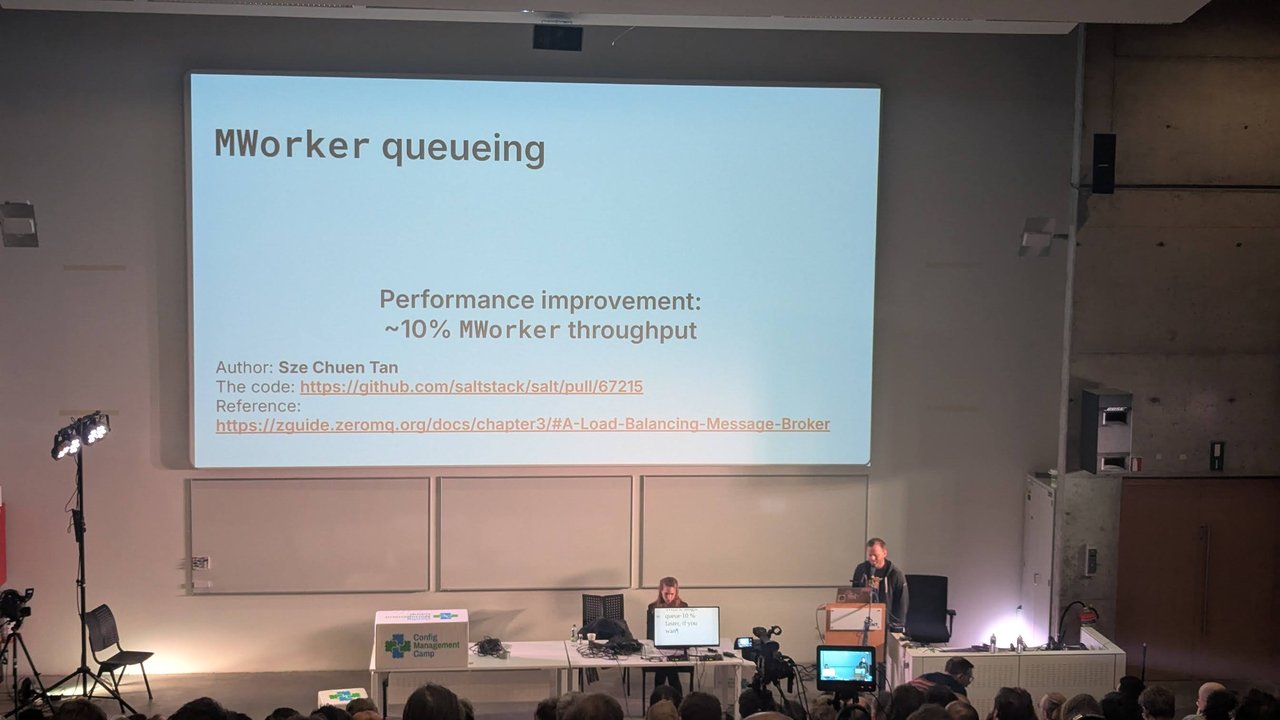 Salt talk slide at CfgMgmtCamp 2025 on MWorker queueing, reporting about 10 percent more MWorker throughput and linking the Salt pull request